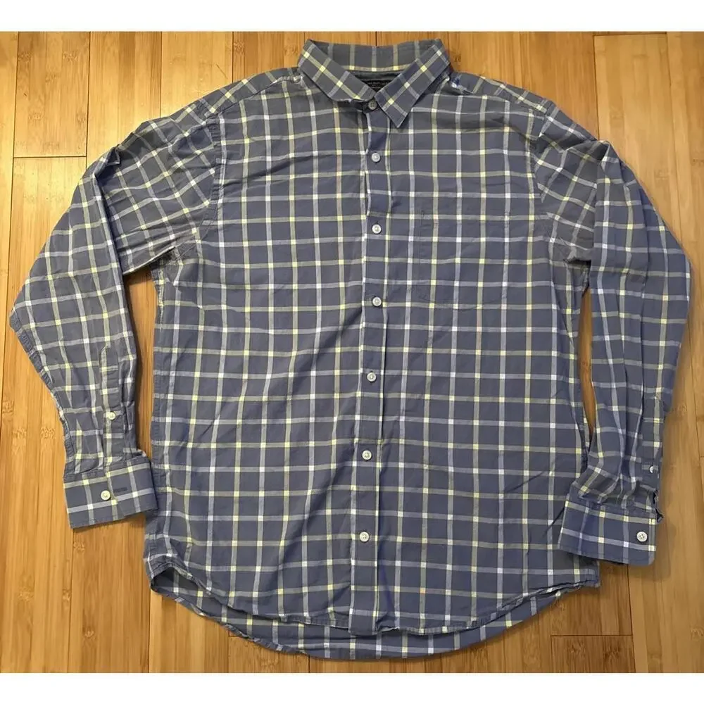 Banana Republic Mens Button Shirt Large Blue Check Slim Fit Soft Wash Casual